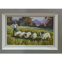 Idyllic sheep framer working with sheep and collie dog.
